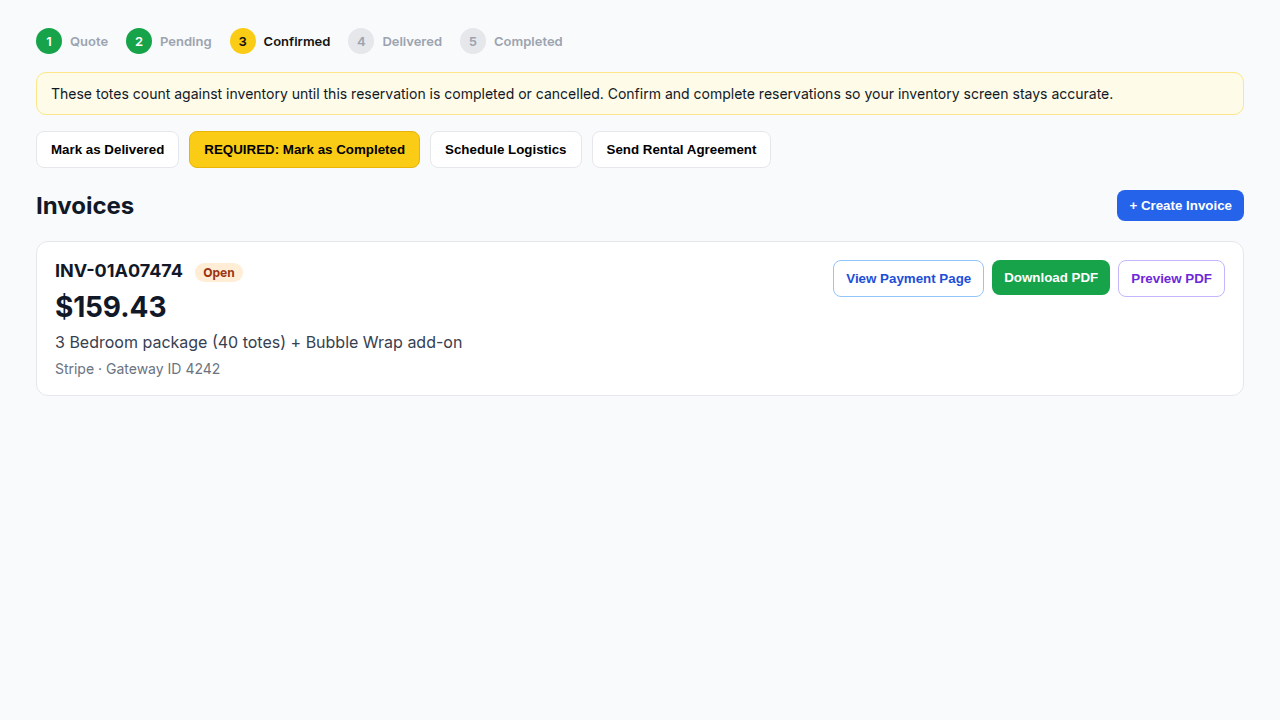 Reservation invoice listing a tote package and line items the customer will pay